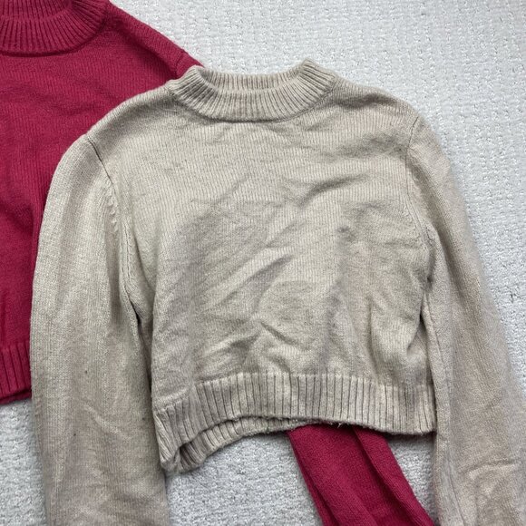 Lot x2 Garage Knit Cozy Sweater Pullover Wom S Beige / Pink Cropped Long Sleeve - Picture 2 of 14